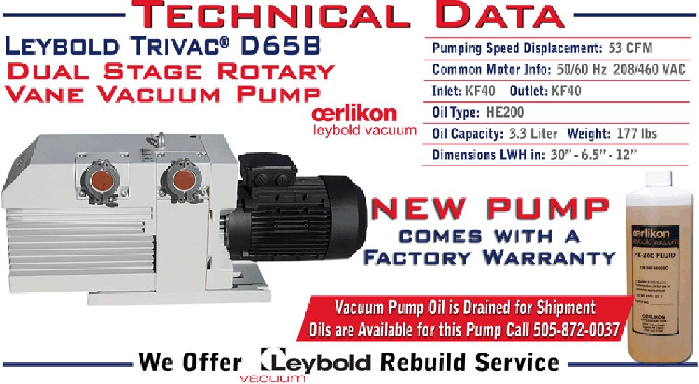 NEW Leybold D65 D65B Trivac Rotary Vane Dual Stage Mechanical Vacuum